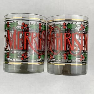 Vintage Cera Glass Merry Christmas Lowball Glasses Lot of 2